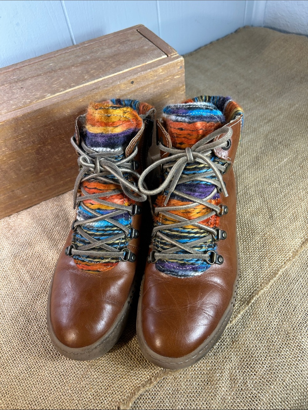 Josef Seibel Brown Leather Ankle Boots with Multicolor Knit Cuffs - Picture 2 of 10